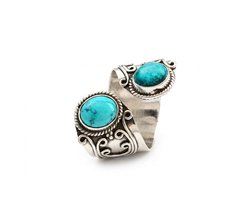 Zilverkleurige boho ring met turquoise kleur stenen voor dames – open ring met twee ronde stenen, vintage stijl ontwerp, verstelbare unisex ring met decoratief reliëf