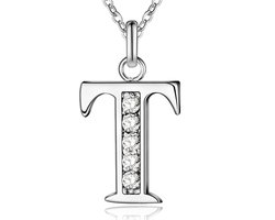 Zilverkleurige Letter T Dames Ketting met Zirkonia