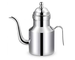 Zilverkleurige theepot 13,5 cm – compacte schenkkan met lange gebogen schenktuit, handvat en deksel – metalen oliekan en serveerpot voor thee, koffie, olie en azijn – keuken en tafel