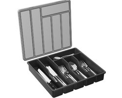 Zilverwerk opbergdoos met deksel - Opbergdoos voor bestek van kunststof - Opbergdoos met lades - Opbergdoos met zes compartimenten - Met deksel - Keukenopberggereedschap - Geschikt voor laden, eetstokjes, lepels, vorken en messen - Zwart