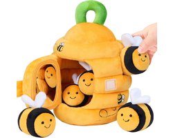 Zintuiglijk speelgoed voor baby's van 6-12 maanden, zachte bijenkorf met 5 bijen met verschillende texturen, Montessori-leerspeelgoed met knisperend geluid, pieper en spiegel, reisgeschenken voor peuters voor jongens en meisjes