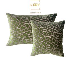 Zippi Design Cape Town LXRY set - velvet groen met grijs diepe print - Luxe handgemaakte designkussens met eenden veren vullingen - maten 45x45cm 40x60cm