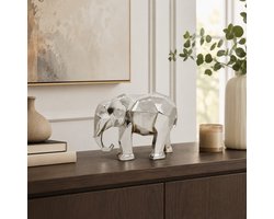 Zirkle Geometrisch Olifant Beeld Zilverkleurig – Luxe Dierenbeeld Polyresin 25x13x18 cm – Modern Decoratief Ornament – Zilveren Olifant Woondecoratie – Beeldje voor Woonkamer, Dressoir, Kast, Bureau & Kantoor – Cadeau Decoratie