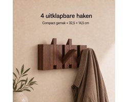 Zirkle Piano Wandkapstok – 4 Haken – 32,5 × 14,5 cm – Massief Houten Kapstok met Uitklapbare Kledinghaken – Ruimtebesparende Muurkapstok voor Jassen, Tassen, Sjaals en Handdoeken – Voor de Hal, Entree, Slaapkamer, Badkamer en Kinderkamer en Kantoor