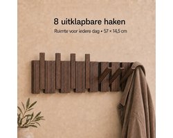 Zirkle Piano Wandkapstok – 8 Haken – 57,5 × 14,5 cm – Massief Houten Kapstok met Uitklapbare Kledinghaken – Ruimtebesparende Muurkapstok voor Jassen, Tassen, Sjaals en Handdoeken – Voor de Hal, Entree, Slaapkamer, Badkamer en Kinderkamer en Kantoor