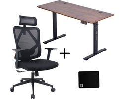 Zit-sta Bureau elektrisch verstelbaar + Ergonomische Bureaustoel & Muismat - 140 x 60cm - Rustic Bruin