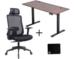 Zit-sta Bureau elektrisch verstelbaar + Ergonomische Bureaustoel & Muismat - 140 x 60cm - Rustic Bruin