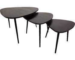 Zita Home salontafel bijzettafel in driehoek vorm - volledig zwart - set van 3 - mango hout - zwarte poot - bladdikte 2 cm