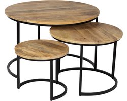 Zita Home salontafel - set van 3 - mango - hout - 70 cm diameter - rond - bijzettafel