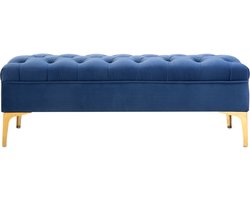 Zitbank, fluweel, gestoffeerd, bedbank, blauw, Lange bank voor het voeteneinde van het bed in klassieke, elegante stijl, gestoffeerde bank, moderne schoenbank voor slaapkamer, woonkamer, hal, goudkleurig metalen poten, 118 x 45 x 42 cm