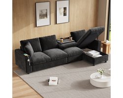 Zitbank in Chenille Stof, L-vormige Hoek en Twee Armleuningen met Opbergruimte, L-Bank, 4-Zits Bank, Uitklapbare Salontafel met Twee Bekerhouders, 1 USB en 1 Type-C. L-vormig Deel kan Links of Rechts Geplaatst Worden. Grijs