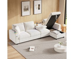 Zitbank in Chenille Stof, L-vormige Hoek en Twee Armleuningen met Opbergruimte, L-Bank, 4-Zits Bank, Uitklapbare Salontafel met Twee Bekerhouders, 1 USB en 1 Type-C. L-vormig Deel kan Links of Rechts Geplaatst Worden. Beige