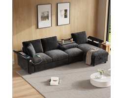 Zitbank in Chenille Stof, L-vormige Hoek en Twee Armleuningen met Opbergruimte, L-Bank, 4-Zits Bank, Uitklapbare Salontafel met Twee Bekerhouders, 1 USB en 1 Type-C. L-vormig Deel kan Links of Rechts Geplaatst Worden-Grijs