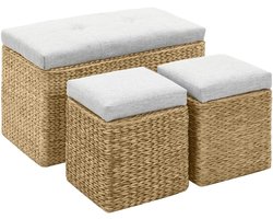 Zitbank met 2 Ottomaanse zeegras, grijs, set met opbergruimte, gestoffeerde bank en kruk voor woonkamer, rustieke touch en natuurlijke charme, 1 bank en 2 krukken,