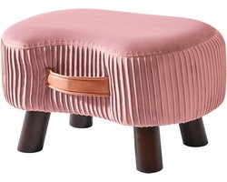 Zitbank met handvat - Gebogen opstapkruk met zacht zitkussen - Roze fluwelen bekleding - Massief hout - Ruimtebesparend - 40 x 28 x 23 cm