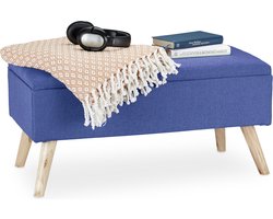 zitbank met opbergruimte - 39,5 x 79,5 x 39,5 cm - kussen - houten poten - halbank - blauw