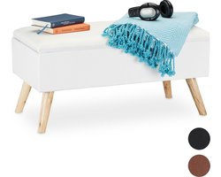 zitbank met opbergruimte - 39,5 x 79,5 x 39,5 cm - kussen - houten poten - halbank - wit