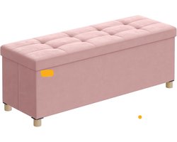 Zitbank met opbergruimte en opvouwbare kruk, 38 x 110 x 40 cm, 112 L opbergdoos met deksel, fluweel, tot 300 kg belastbaar, pastelroze, voor hal, woonkamer of slaapkamer