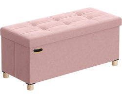 Zitbank met opbergruimte en opvouwbare kruk, 38 x 76 x 38,5 cm, 77 L opbergdoos met deksel, fluweel, tot 300 kg belastbaar, pastelroze, voor hal, woonkamer of slaapkamer