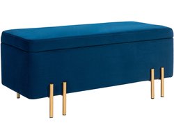 Zitbank met opbergruimte - Polyester bekleding - Houten frame - Metalen poten - 100 x 40 x 42 cm - Zitten en opbergen - Hal en slaapkamer donkerblauw