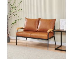 Zitbank Metaal Hout - Bankstel 2 Persoons - Woonkamer Meubel - Waterafstotend Leer - 107 x 81 cm - Lichtbruin
