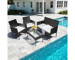 Zitgroep Tuinset 4-delig van PE rotan met 2 fauteuils, 2-zitsbank en glazen tafel voor balkon en terras - zwart