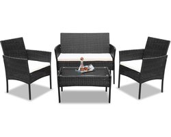 Zitgroep Uitschuifbare tuinmeubelset Tuinmeubelset met glazen tafelblad Tuinmeubels van polyrotan Zwart