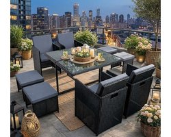 Zitgroep van polyrattan, tuinmeubelen, set, eethoek, tuinset, rotan meubelen, rotan set, kruk, tuinstoelen, tuintafel (8 personen)