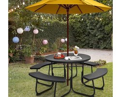 Zitmeubelset voor 8 personen, picknicktafel met parasolgat en 4 banken, ronde tuintafel met HDPE-blad en metalen frame, tuinmeubilair, zitset voor tuin, terras