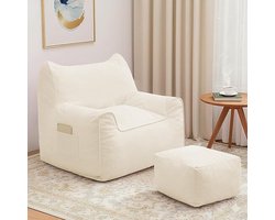 Zitzak Bank 75x90x75 cm Corduroy Lounge Stoel voor Volwassenen – Ergonomische Zitzak met Rugleuning & Armleuningen – Wasbare Hoes – Crème-Wit – Pauwhome