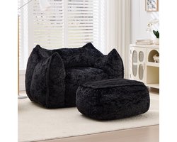 Zitzak met Voetenbank - Loungestoel - Bekleding van Imitatie Konijnenbont - Hoogdichtheid Versnipperd Schuim - Ergonomische Rugleuning - Relaxstoel voor Woonkamer en Slaapkamer - Draagvermogen 200 kg-Zwart