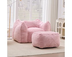 Zitzak met Voetenbank - Loungestoel - Bekleding van Imitatie Konijnenbont - Hoogdichtheid Versnipperd Schuim - Ergonomische Rugleuning - Relaxstoel voor Woonkamer en Slaapkamer - Draagvermogen 200 kg-Roze