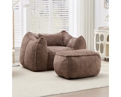 Zitzak met Voetenbank - Loungestoel - Bekleding van Imitatie Konijnenbont - Hoogdichtheid Versnipperd Schuim - Ergonomische Rugleuning - Relaxstoel voor Woonkamer en Slaapkamer - Draagvermogen 200 kg-Koffiebruin
