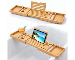 ZoeZo Bamboe Badplank - Uitschuifbaar Badrek met Boek en Tablethouder - Ruimte voor Telefoon en Glas - Bamboe Hout - 75-110 cm