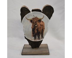 ZoeZo Design - Woondecoratie - houten ornament - plank met afbeelding - Schotse Hooglander - koe - circa 25 x 15 cm - raam decoratie - houten staander