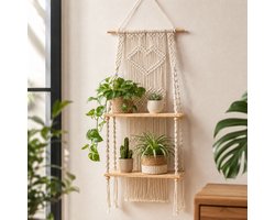 ZoeZo Houten Wandplanken 150 x 50 cm - Plantenhanger - Handgemaakt Wandkleed - Boho Wanddecoratie - Macramé Wanddecoratie - Beige