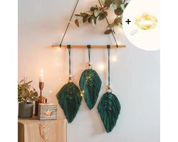 ZoeZo Macramé wandhanger met verlichting Veren - Macramé dromenvanger - Wanddecoratie - Wandkleed - Muurdecoratie - Groen