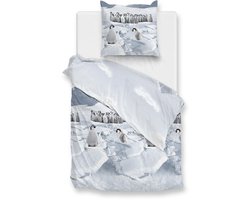 Zohome Dekbedovertrek Pinguini - Bedlinnen met Dieren print - 140x200-220 cm - Blauw - Dekbedhoes van 100% Katoen-Flanel