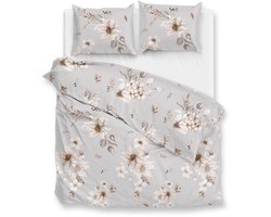 Zohome Elara Dekbedovertrek - Grijs - Lits-jumeaux - Dekbedhoes van 100% Katoen-Flanel - Bloemen - 240x220 + 2 slopen 60/70 cm - AW25