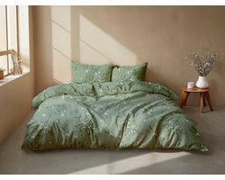 Zohome Hedra Dekbedovertrek - Groen - Eenpersoons - Dekbedhoes van 100% Katoen-Flanel - Bladeren - 140x220 + 1 sloop 60/70 cm - AW25