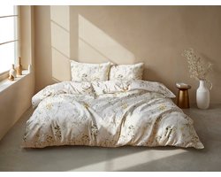 Zohome Leontine Dekbedovertrek - Naturel - Tweepersoons - Dekbedhoes van 100% Katoen-Flanel - Bloemen - 200x220 + 2 slopen 60/70 cm - AW25