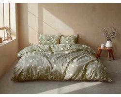 Zohome Yarrow Dekbedovertrek - Groen - Lits-jumeaux - Dekbedhoes van 100% Katoen-Flanel - Bloemen - 240x220 + 2 slopen 60/70 cm - AW25