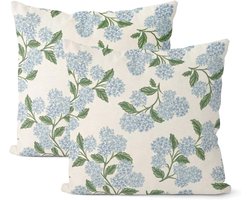 Zomer Kussenhoezen Set van 2, Blauw Groene Hortensia Print, Vintage Bloem Motief voor Bank en Buiten, Ideaal voor Seizoensgebonden Decoratie en Comfort