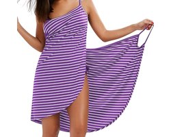 Zomer Sexy Strandjurk Dames – Gebreide Gestreepte Sling Jurk, Casual Strandvakantie Jurk, Zomerkleding Trend - Paars - Maat L
