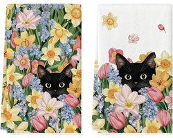 Zomer Tulpen Keukenhanddoeken Set van 2, Bloemenprint Theedoeken, Zwart Kat Design, Landelijke Keuken Decoratie, 40 x 60 cm