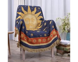 Zon en Maan Bedsprei met Franjes, Dubbelzijdig Geweven Katoenen Indiase Deken, 130 x 180 cm, Geschikt als Bankdeken, Beddensprei, Fauteuildeken en ook als Sierkussen voor de Bank, Geel/Blauw