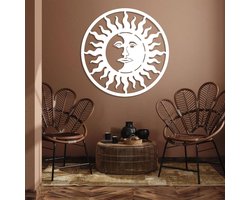 Zon en maan wanddecoratie, metalen kunst, Boho grote moderne sculptuur, hemelse opknoping, huis binnen buiten decor (wit, 19"x19"|47x47cm)