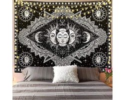 Zon Wanddoek Zwart Wit Wandtapijt Maan Zon Wanddecoratie Psychedelisch tapijt Wandtapijten Gothic Tapestry Trippy Wanddoek Muurbehang Boho Wall Deco (150 x 200 cm) - wanddecoratie - muuraccessoires