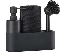 Zone Denmark Singles Afwasset 22 x 6,7 x 19 cm 4 stuks Black - vaatwasserbestendig- met afwasborstel en zeepdispenser - afwas set