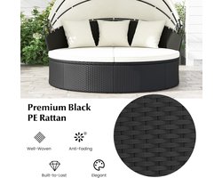 Zonne-eiland Lounge Rond 187 cm – Luxe Rotan Outdoor Ligbed met Opvouwbaar Zonnedak – Tuin Daybed 2-3 Personen met Kussens – Weerbestendig Terras Lounge Set – Zwart/Beige – abtkantoor